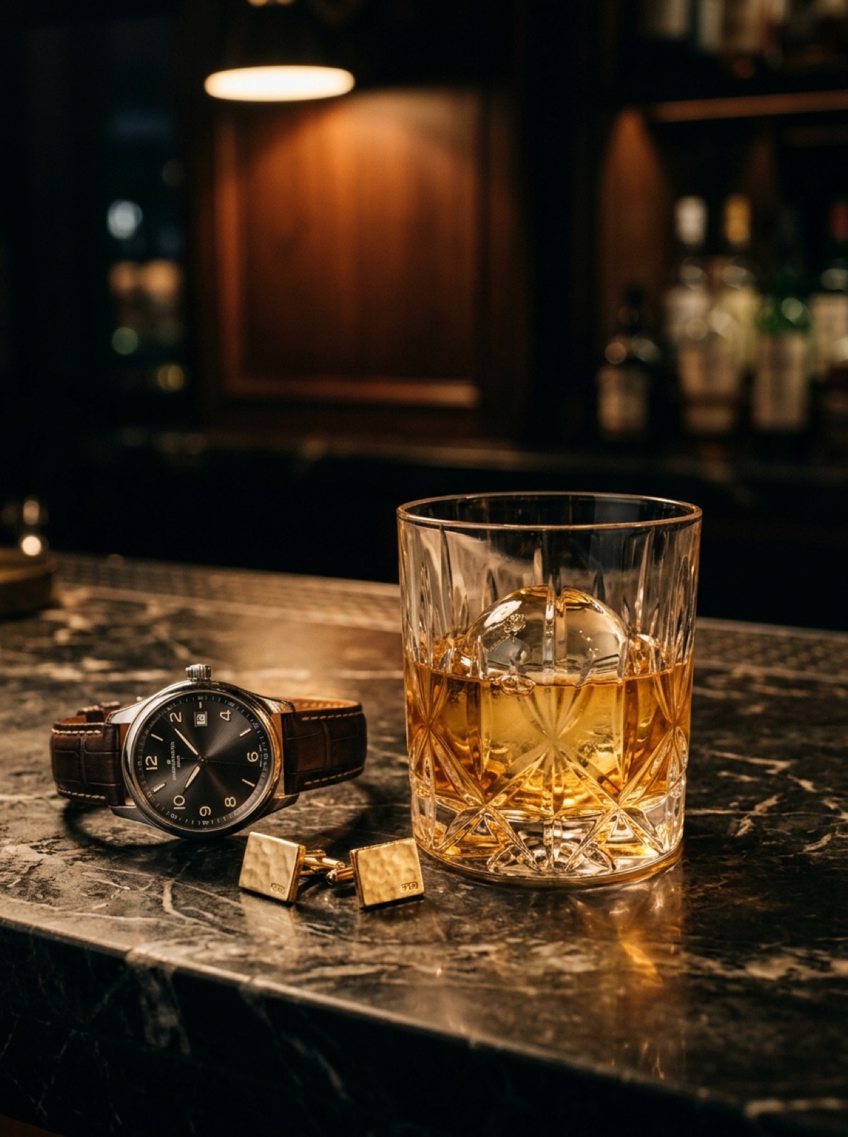 深色大理石上的腕表、袖扣与盛着琥珀色酒液的水晶杯